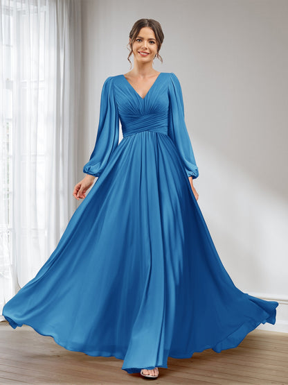 A-Line/Princess V-Neck Long Sleeves Chiffon Long Bridesmaid Dresses With Pockets