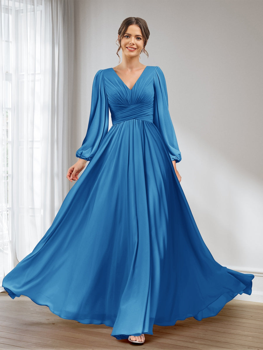 A-Line/Princess V-Neck Long Sleeves Chiffon Long Bridesmaid Dresses With Pockets