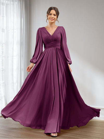 A-Line/Princess V-Neck Long Sleeves Chiffon Long Bridesmaid Dresses With Pockets