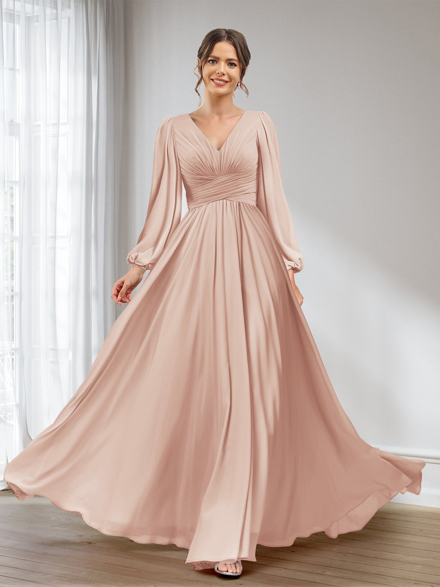 A-Line/Princess V-Neck Long Sleeves Chiffon Long Bridesmaid Dresses With Pockets