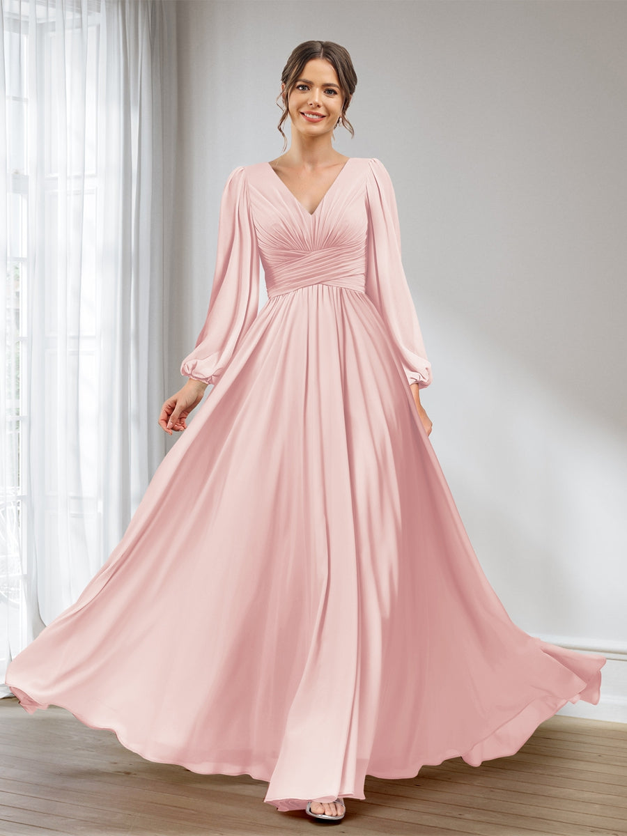 A-Line/Princess V-Neck Long Sleeves Chiffon Long Bridesmaid Dresses With Pockets