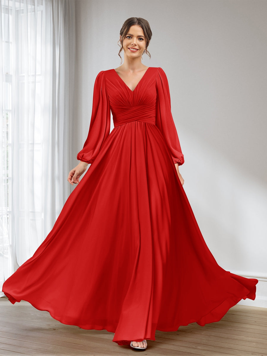 A-Line/Princess V-Neck Long Sleeves Chiffon Long Bridesmaid Dresses With Pockets