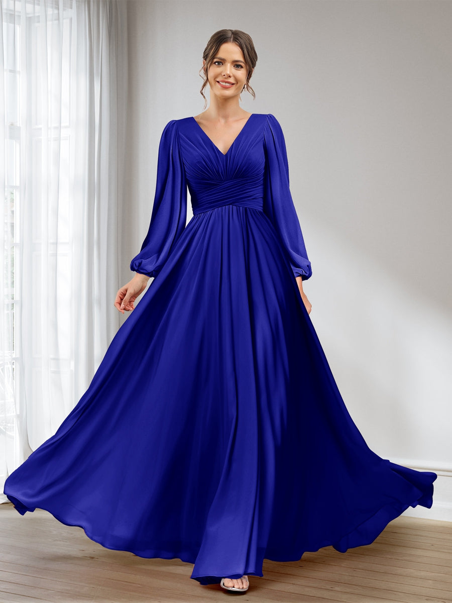 A-Line/Princess V-Neck Long Sleeves Chiffon Long Bridesmaid Dresses With Pockets