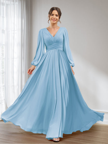 A-Line/Princess V-Neck Long Sleeves Chiffon Long Bridesmaid Dresses With Pockets