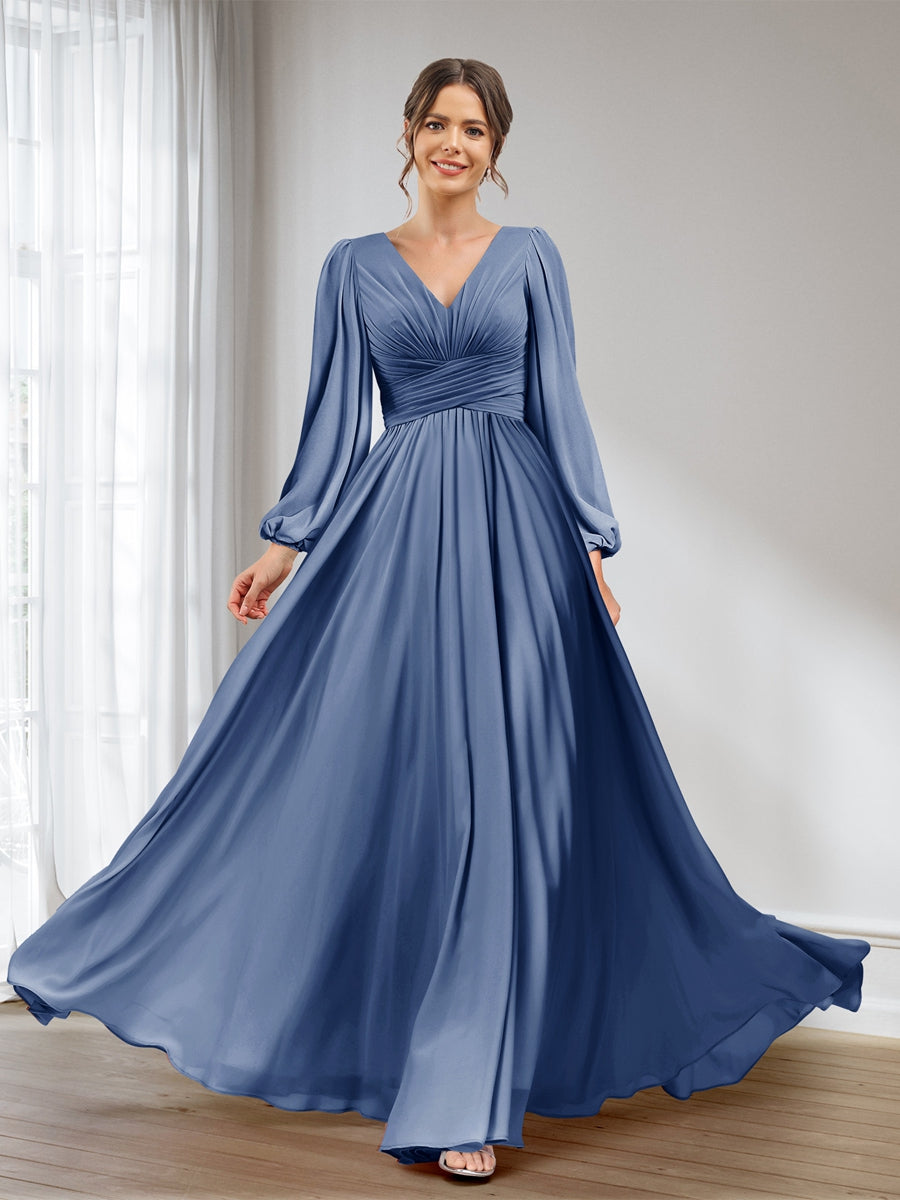 A-Line/Princess V-Neck Long Sleeves Chiffon Long Bridesmaid Dresses With Pockets