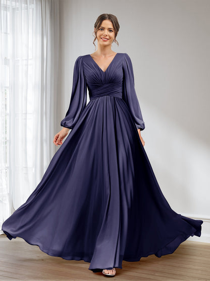 A-Line/Princess V-Neck Long Sleeves Chiffon Long Bridesmaid Dresses With Pockets