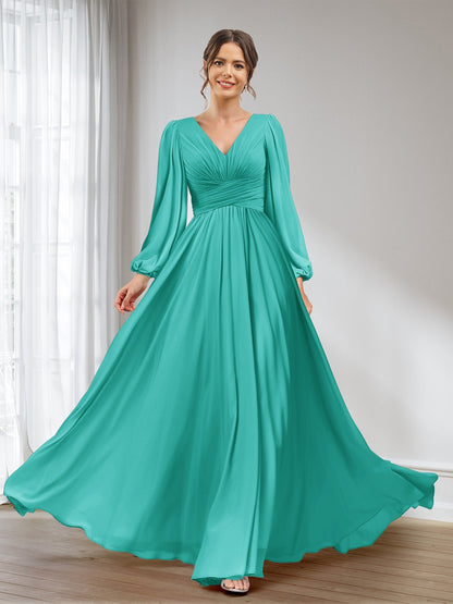 A-Line/Princess V-Neck Long Sleeves Chiffon Long Bridesmaid Dresses With Pockets