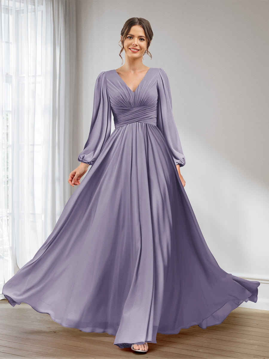 A-Line/Princess V-Neck Long Sleeves Chiffon Long Bridesmaid Dresses With Pockets