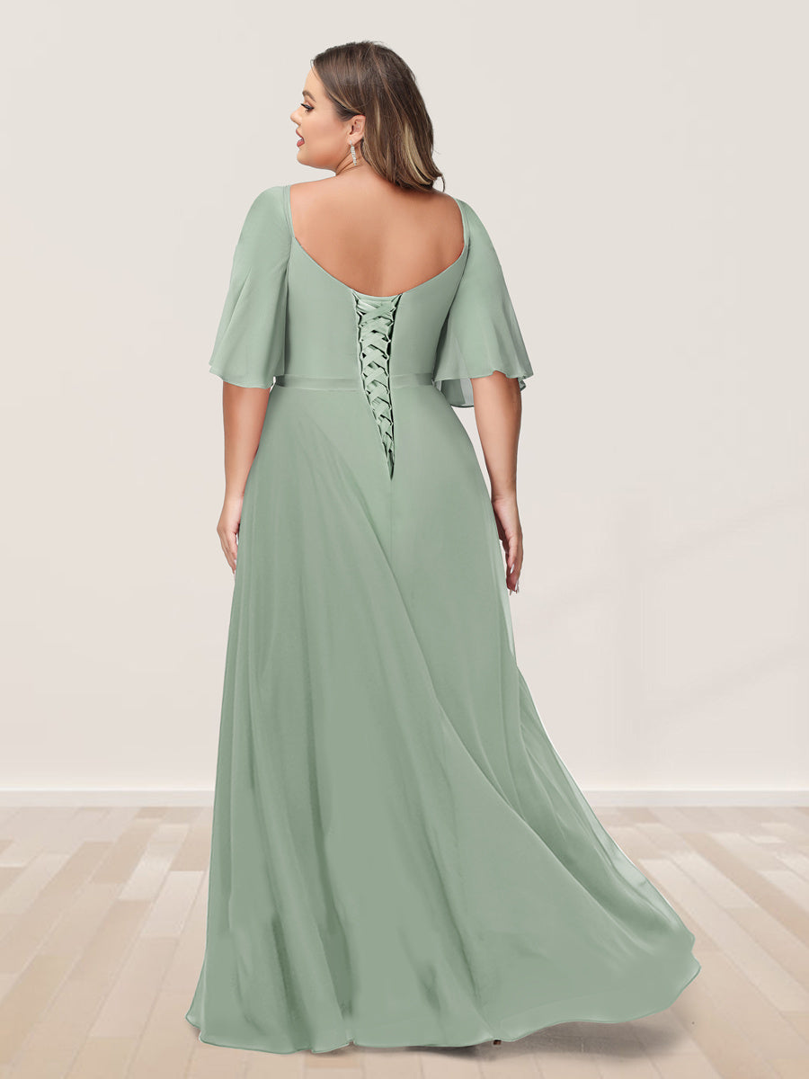 A-Line/Princess V-Neck Half Sleeves Plus Size Bridesmaid Dresses with Split Side