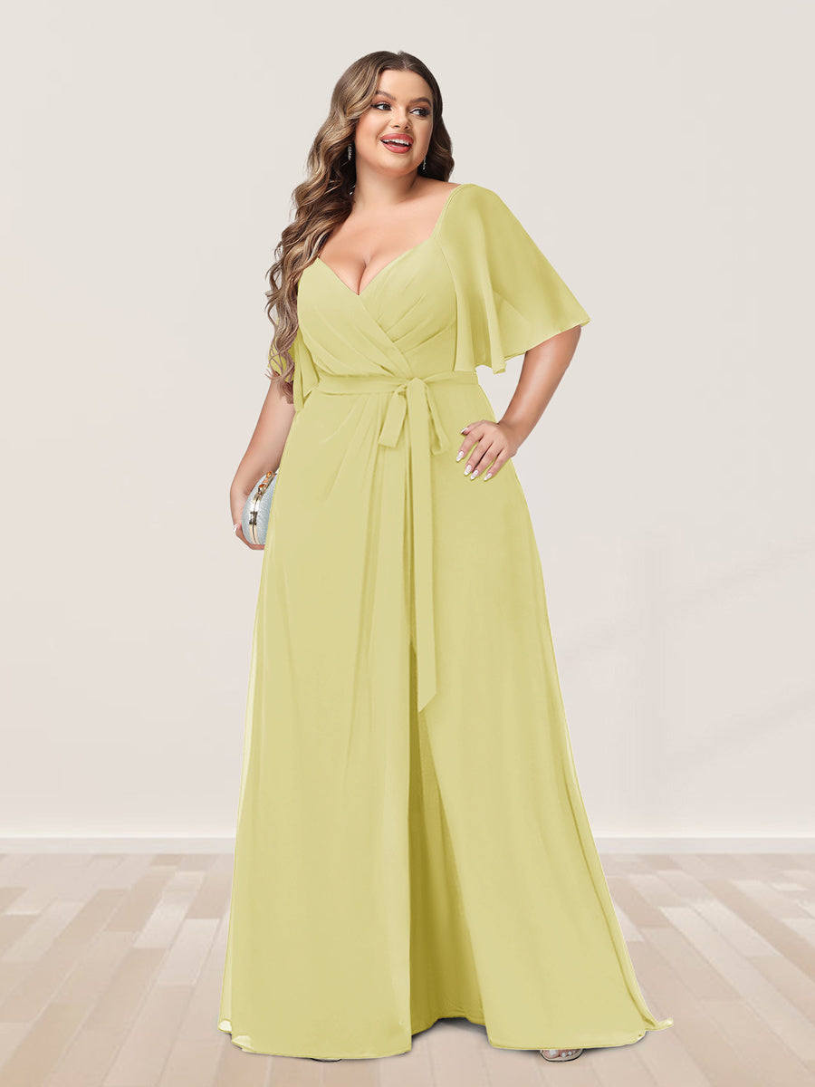 A-Line/Princess V-Neck Half Sleeves Plus Size Bridesmaid Dresses with Split Side