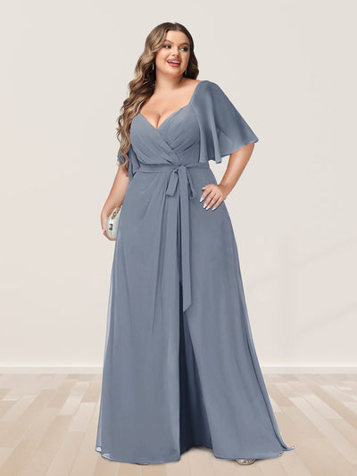 A-Line/Princess V-Neck Half Sleeves Plus Size Bridesmaid Dresses with Split Side