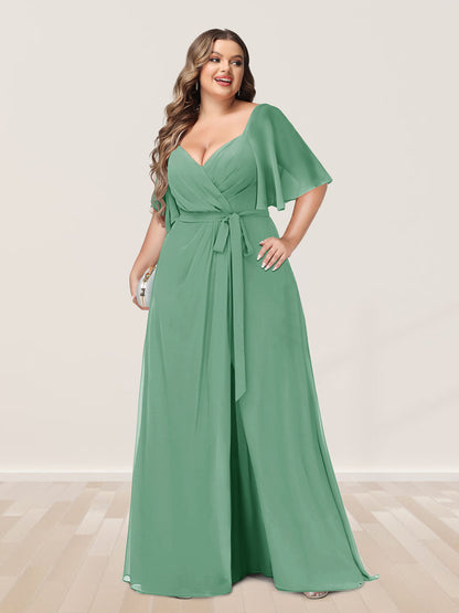 A-Line/Princess V-Neck Half Sleeves Plus Size Bridesmaid Dresses with Split Side