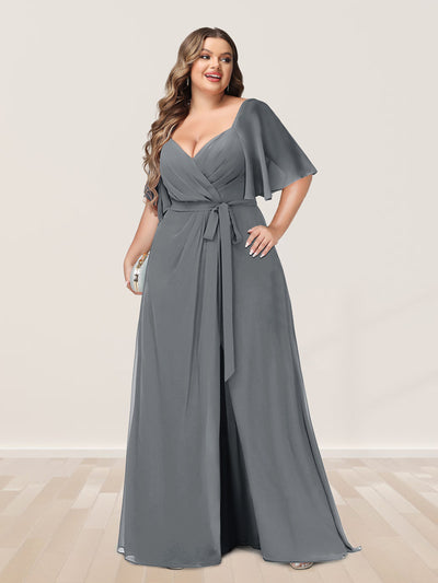 A-Line/Princess V-Neck Half Sleeves Plus Size Bridesmaid Dresses with Split Side