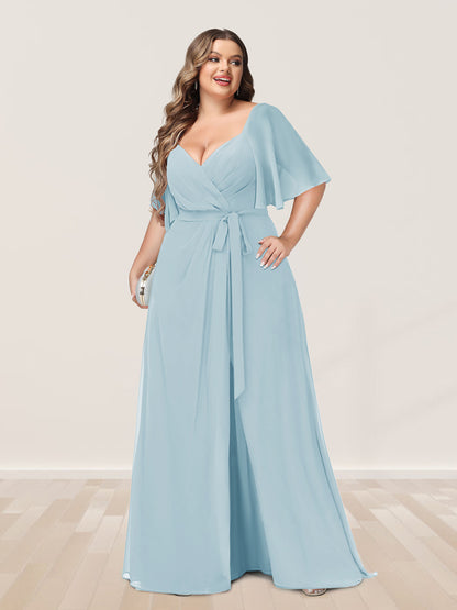 A-Line/Princess V-Neck Half Sleeves Plus Size Bridesmaid Dresses with Split Side