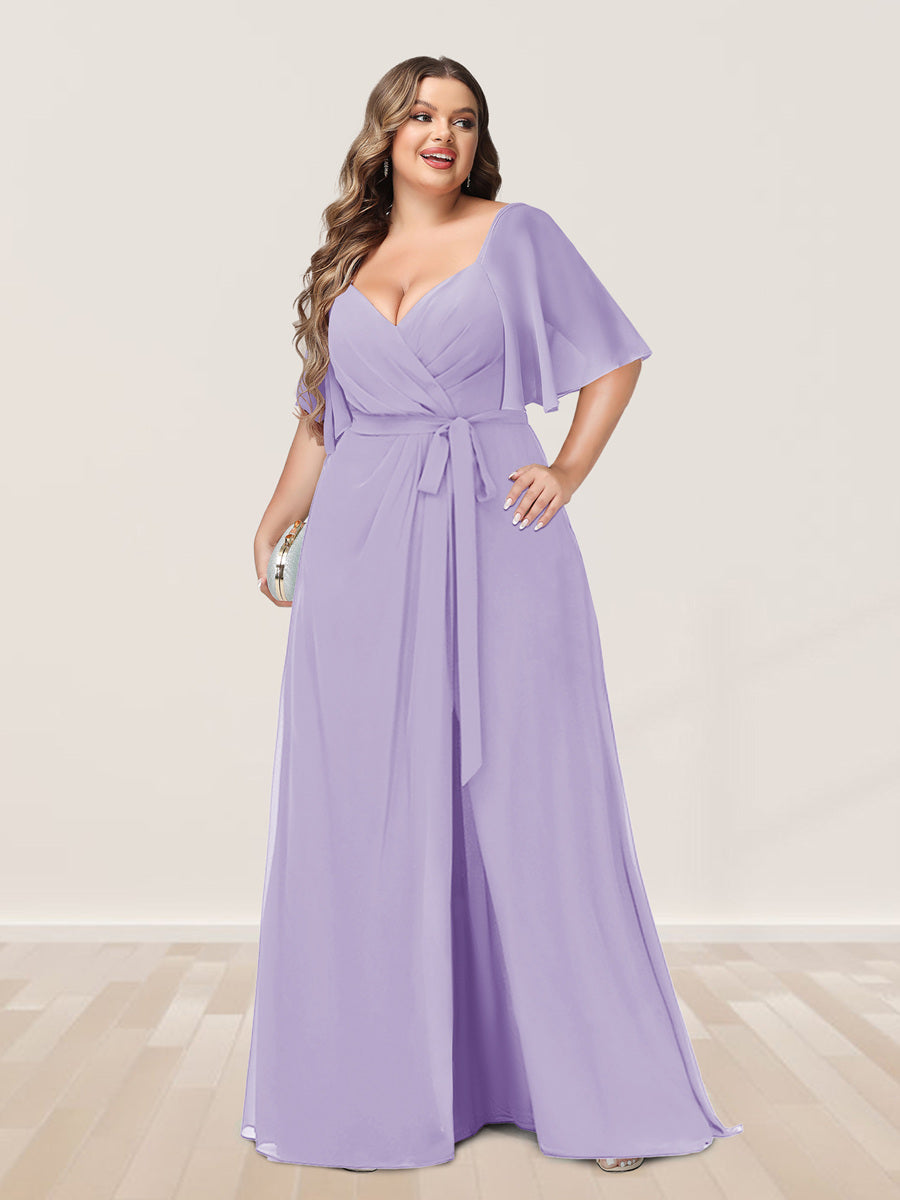 A-Line/Princess V-Neck Half Sleeves Plus Size Bridesmaid Dresses with Split Side