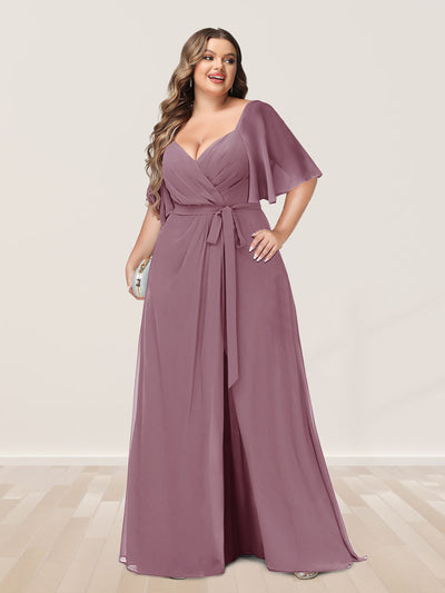 A-Line/Princess V-Neck Half Sleeves Plus Size Bridesmaid Dresses with Split Side