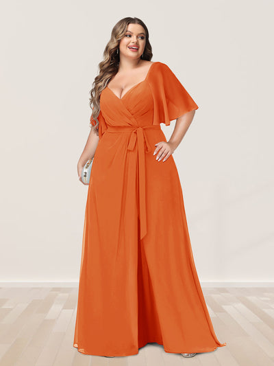 A-Line/Princess V-Neck Half Sleeves Plus Size Bridesmaid Dresses with Split Side