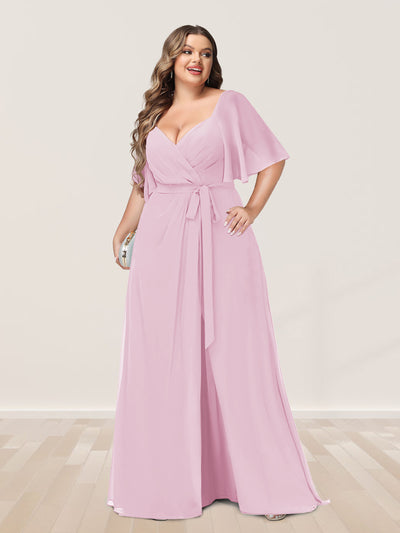 A-Line/Princess V-Neck Half Sleeves Plus Size Bridesmaid Dresses with Split Side