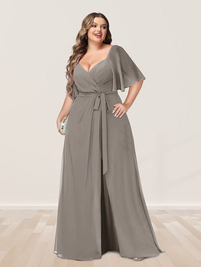 A-Line/Princess V-Neck Half Sleeves Plus Size Bridesmaid Dresses with Split Side