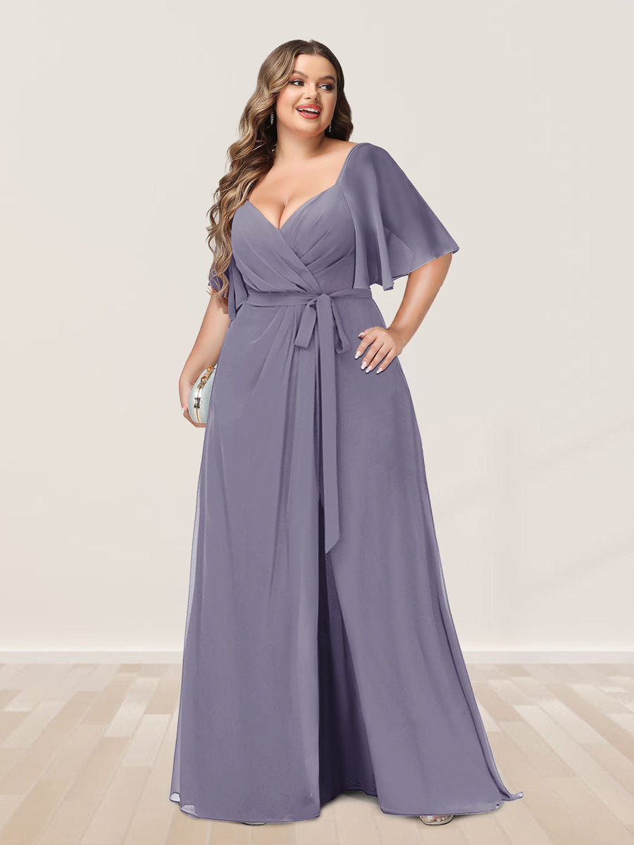 A-Line/Princess V-Neck Half Sleeves Plus Size Bridesmaid Dresses with Split Side