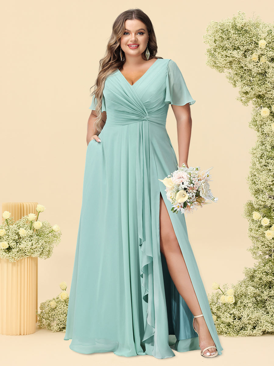 A-Line/Princess V-Neck Sleeveless Chiffon Plus Size Bridesmaid Dresses with Pockets