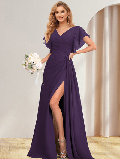 A-Line/Princess V-Neck Long Bridesmaid Dresses with Split Side