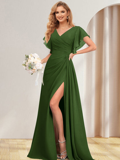 A-Line/Princess V-Neck Long Bridesmaid Dresses with Split Side