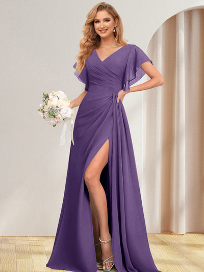 A-Line/Princess V-Neck Long Bridesmaid Dresses with Split Side