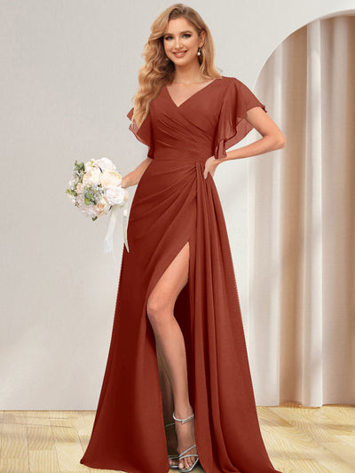 A-Line/Princess V-Neck Long Bridesmaid Dresses with Split Side