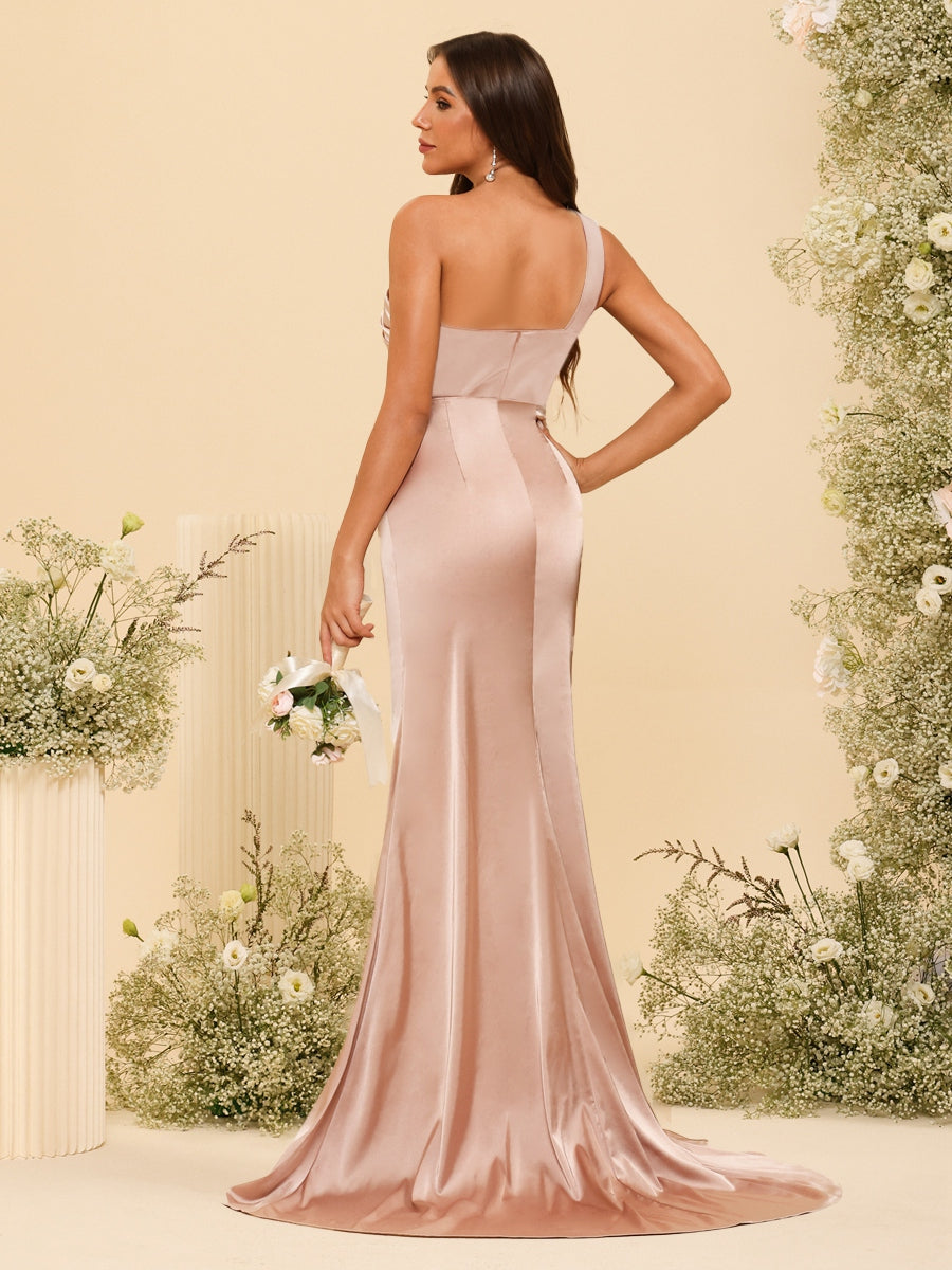 Sheath/Column One-Shoulder Long Formal Dresses with Split Side & Ruched