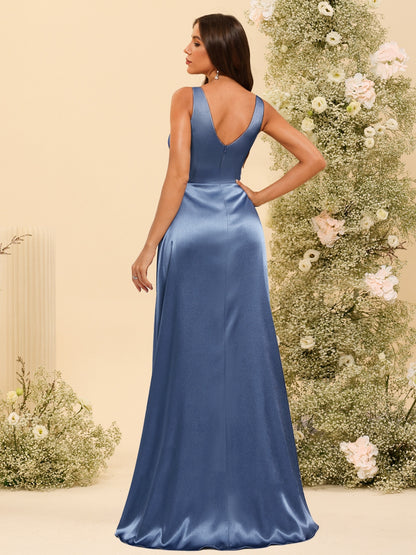 A-Line/Princess V-Neck Long Formal Dresses with Ruched