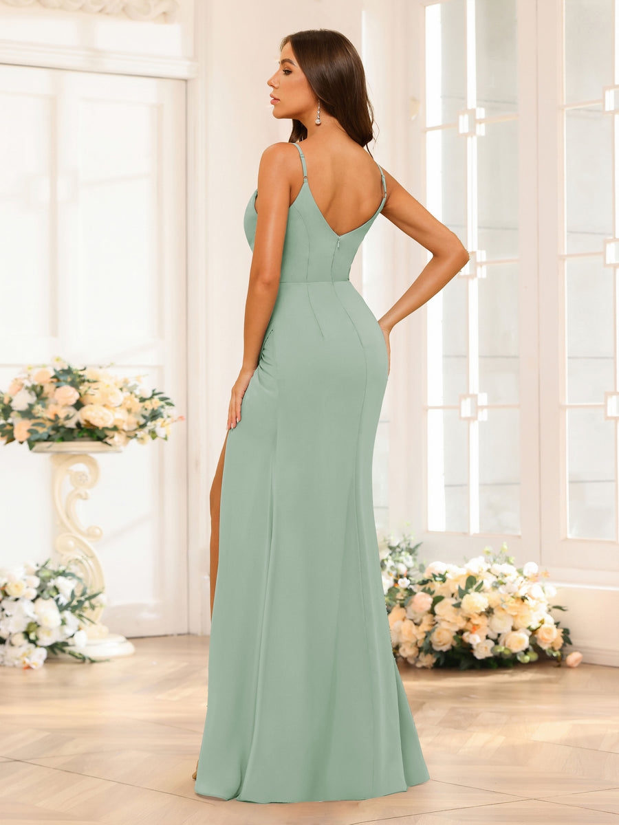 Sheath/Column Spaghetti Straps V-Neck Long Bridesmaid Dresses with Split Side & Sash