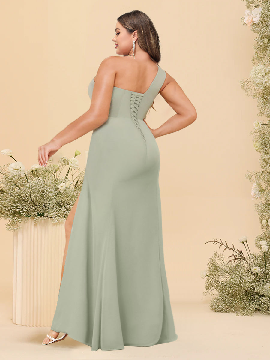 Sheath/Column One-Shoulder Long Plus Size Bridesmaid Dresses with Split Side