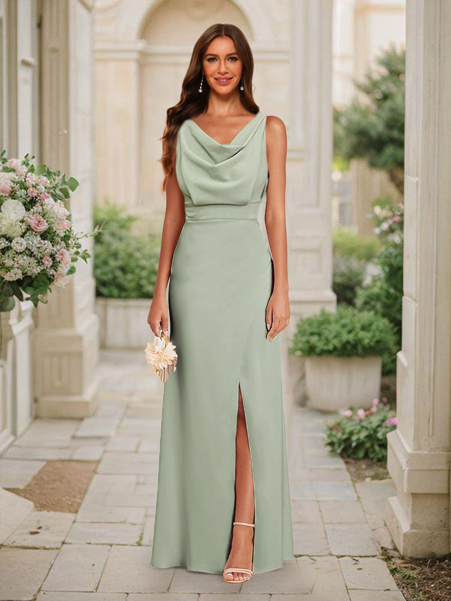 Trumpet/Mermaid Cowl Neck Sleeveless Floor-Length Ruched Bridesmaid Dresses with Split Side