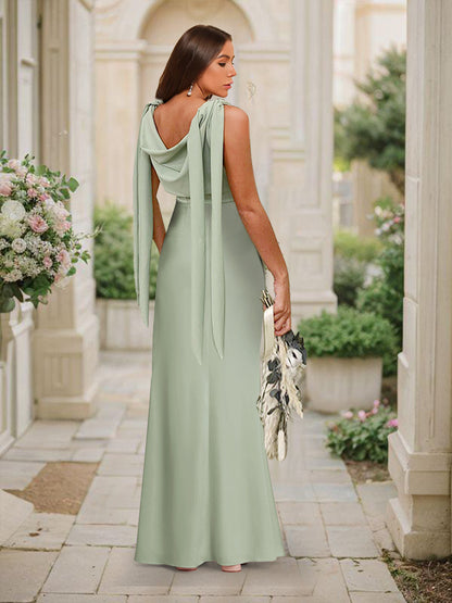 Trumpet/Mermaid Cowl Neck Sleeveless Floor-Length Ruched Bridesmaid Dresses with Split Side