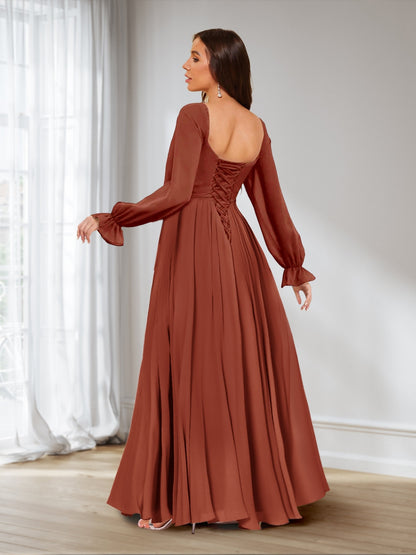 A-Line/Princess Sweetheart Chiffon Long Sleeves Bridesmaid Dresses with Split Side