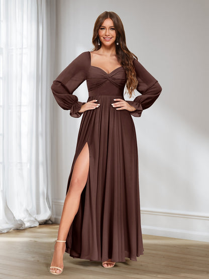 A-Line/Princess Sweetheart Chiffon Long Sleeves Bridesmaid Dresses with Split Side