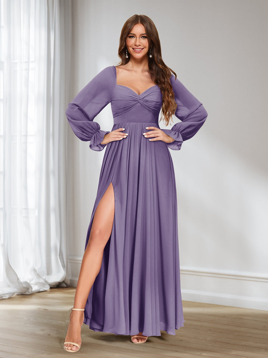 A-Line/Princess Sweetheart Chiffon Long Sleeves Bridesmaid Dresses with Split Side