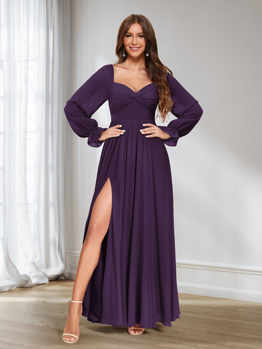 A-Line/Princess Sweetheart Chiffon Long Sleeves Bridesmaid Dresses with Split Side