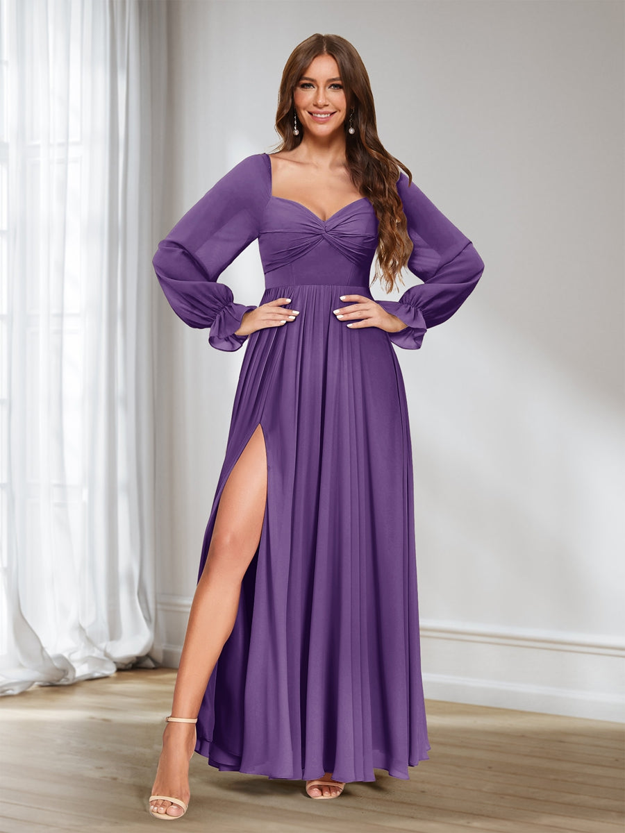 A-Line/Princess Sweetheart Chiffon Long Sleeves Bridesmaid Dresses with Split Side