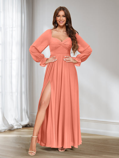 A-Line/Princess Sweetheart Chiffon Long Sleeves Bridesmaid Dresses with Split Side