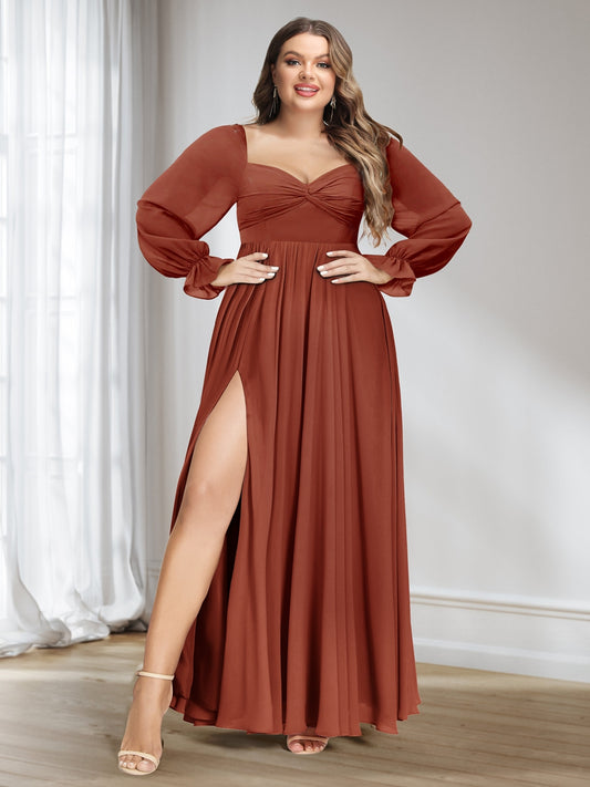 A-Line/Princess Sweetheart Chiffon Long Sleeves Plus Size Bridesmaid Dresses with Split Side