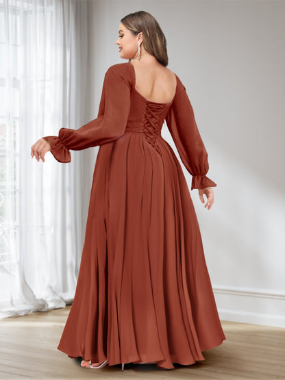 A-Line/Princess Sweetheart Chiffon Long Sleeves Plus Size Bridesmaid Dresses with Split Side