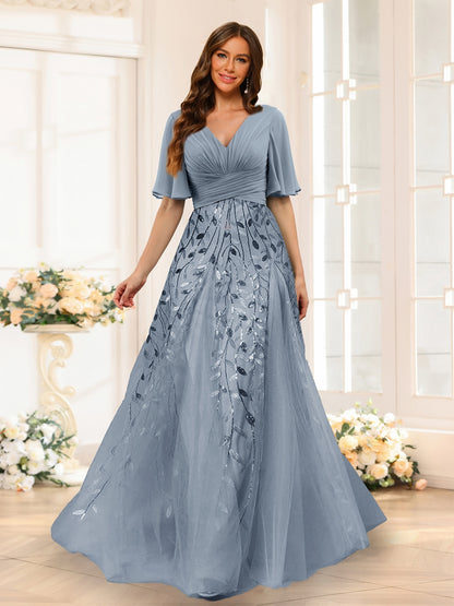 A-Line V-Neck Half Sleeves Split Side Chiffon Bridesmaid Dresses With Appliques