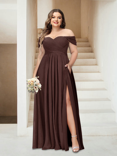 A-Line/Princess Off-the-Shoulder Sleeveless Chiffon Plus Size Bridesmaid Dresses with Pockets