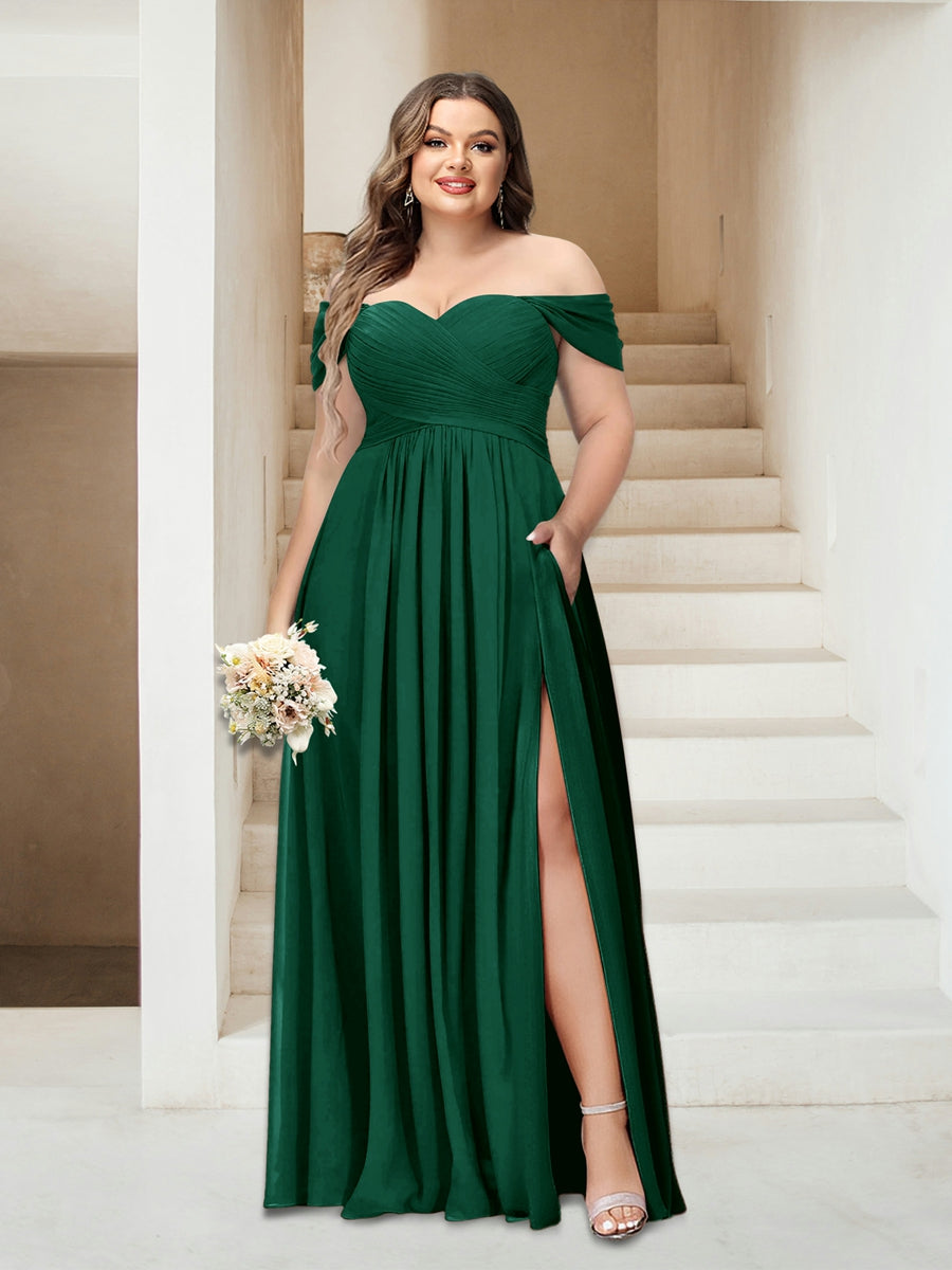 A-Line/Princess Off-the-Shoulder Sleeveless Chiffon Plus Size Bridesmaid Dresses with Pockets