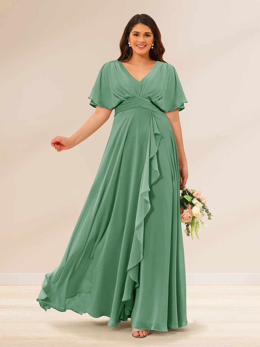 A-Line/Princess V-Neck Short Sleeves Plus Size Bridesmaid Dresses with Pockets