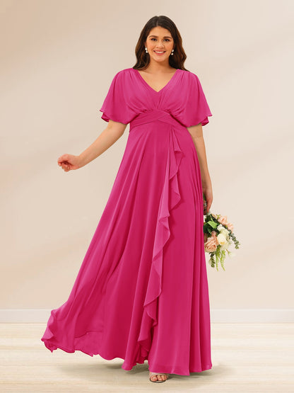 A-Line/Princess V-Neck Short Sleeves Plus Size Bridesmaid Dresses with Pockets