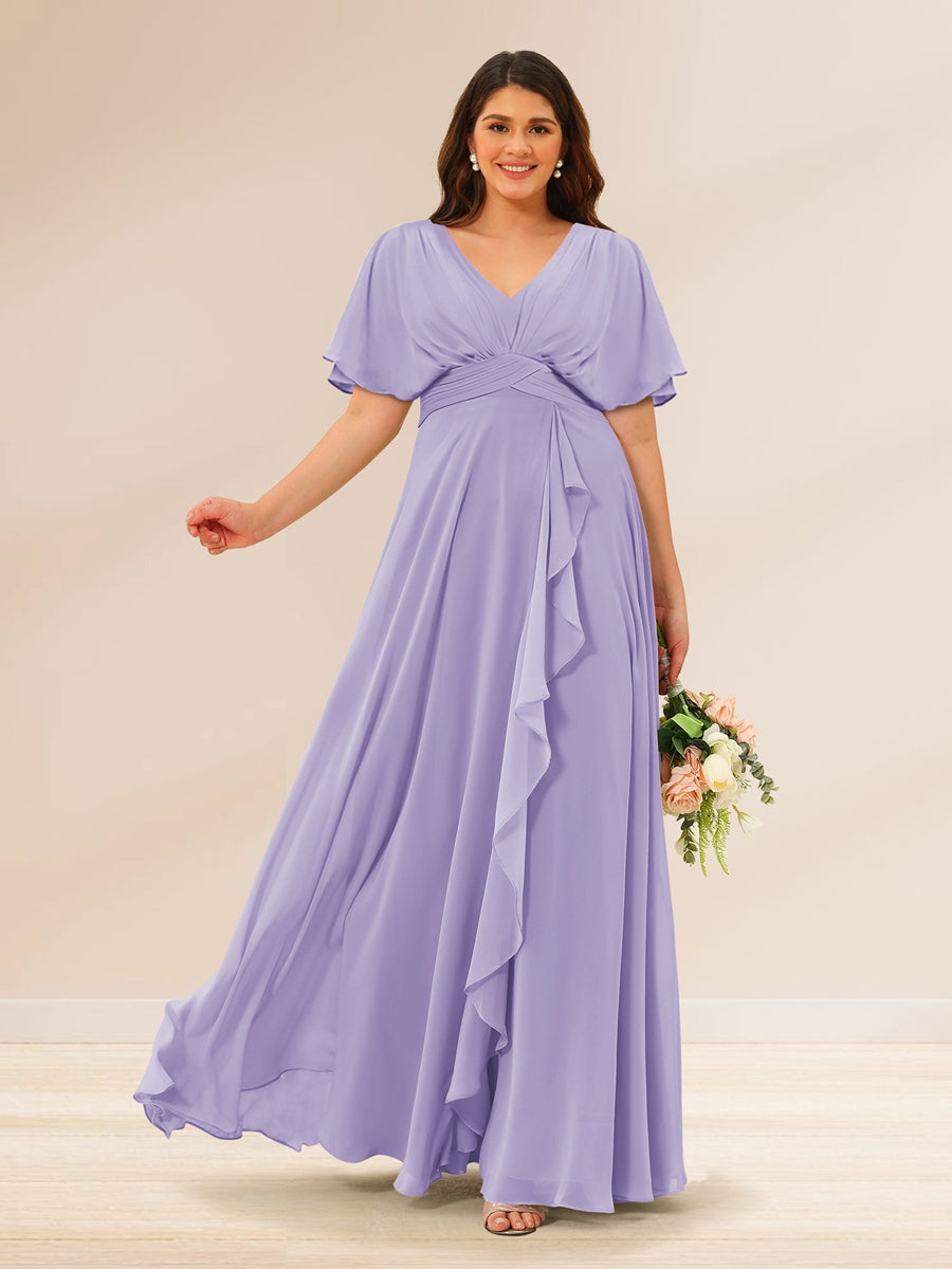 A-Line/Princess V-Neck Short Sleeves Plus Size Bridesmaid Dresses with Pockets