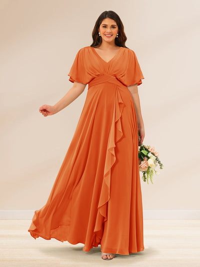 A-Line/Princess V-Neck Short Sleeves Plus Size Bridesmaid Dresses with Pockets